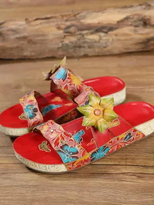 Applique Red Floral Leather Sandals