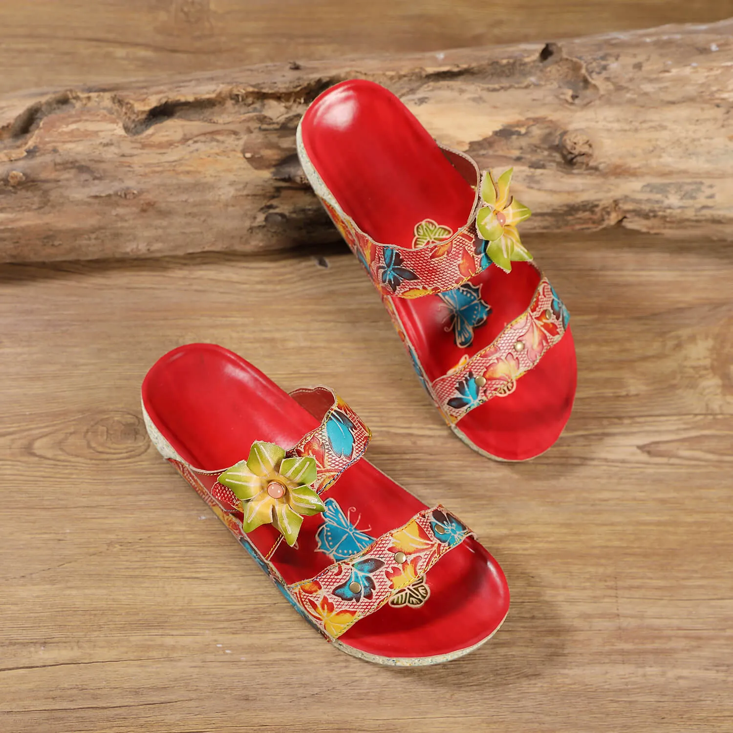 Applique Red Floral Leather Sandals