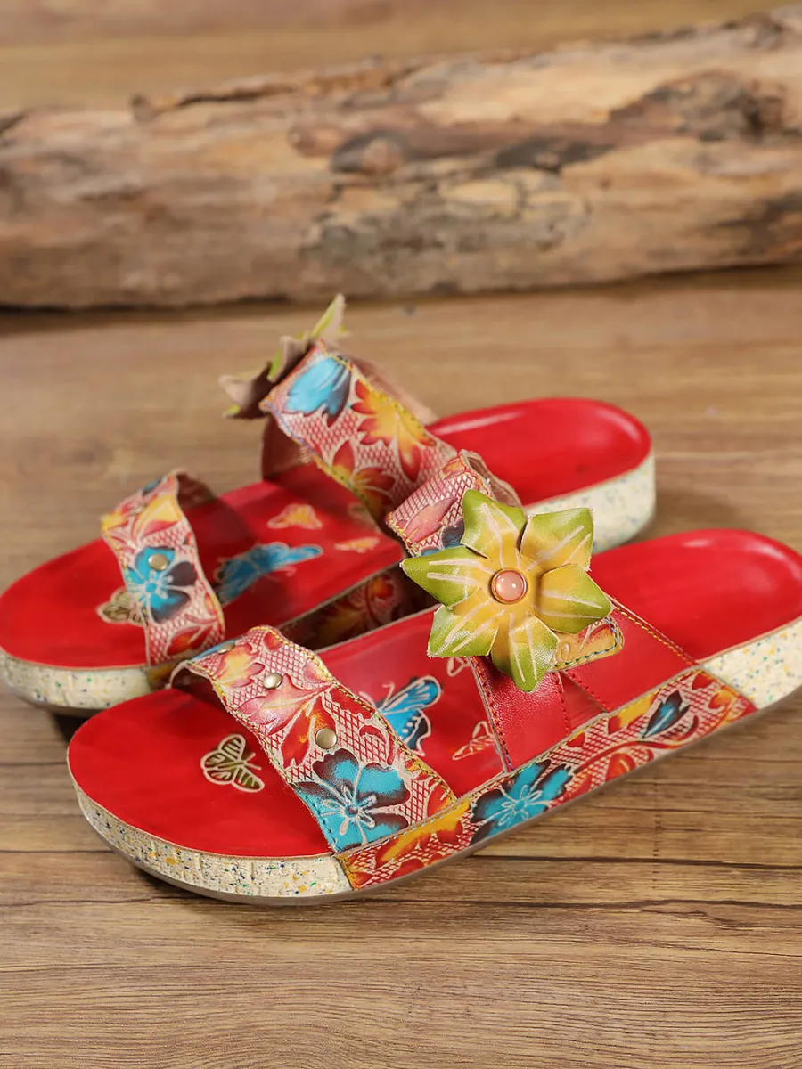 Applique Red Floral Leather Sandals