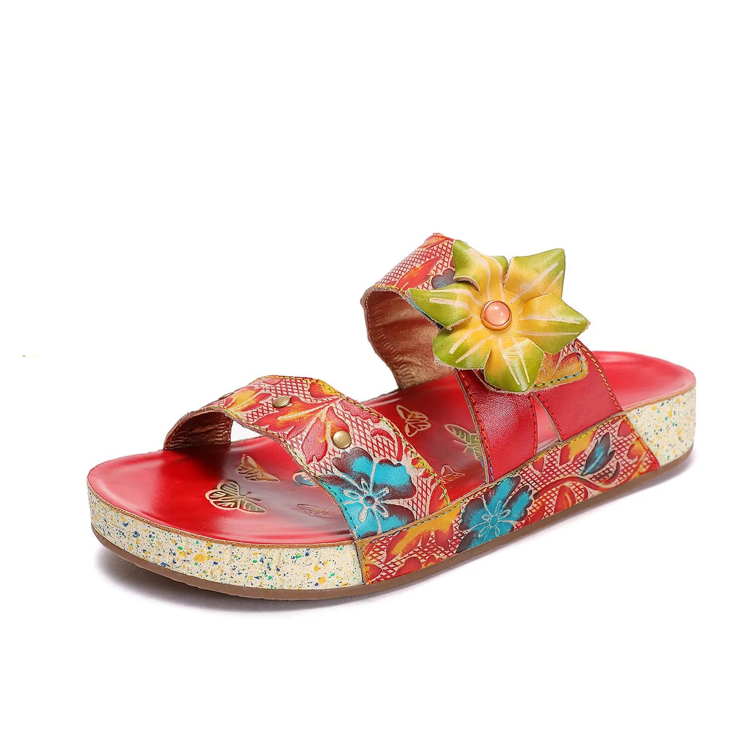 Applique Red Floral Leather Sandals