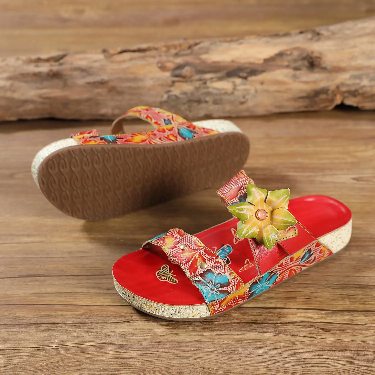 Applique Red Floral Leather Sandals