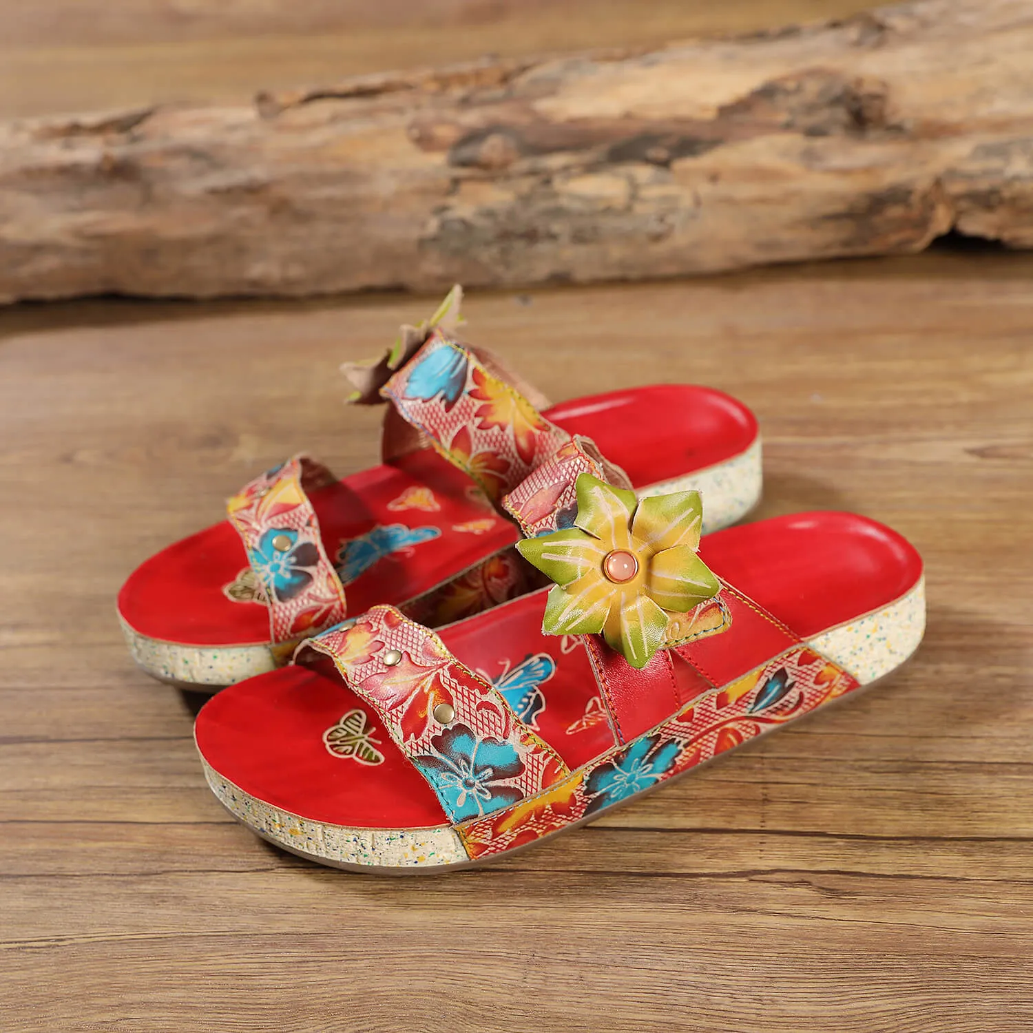 Applique Red Floral Leather Sandals
