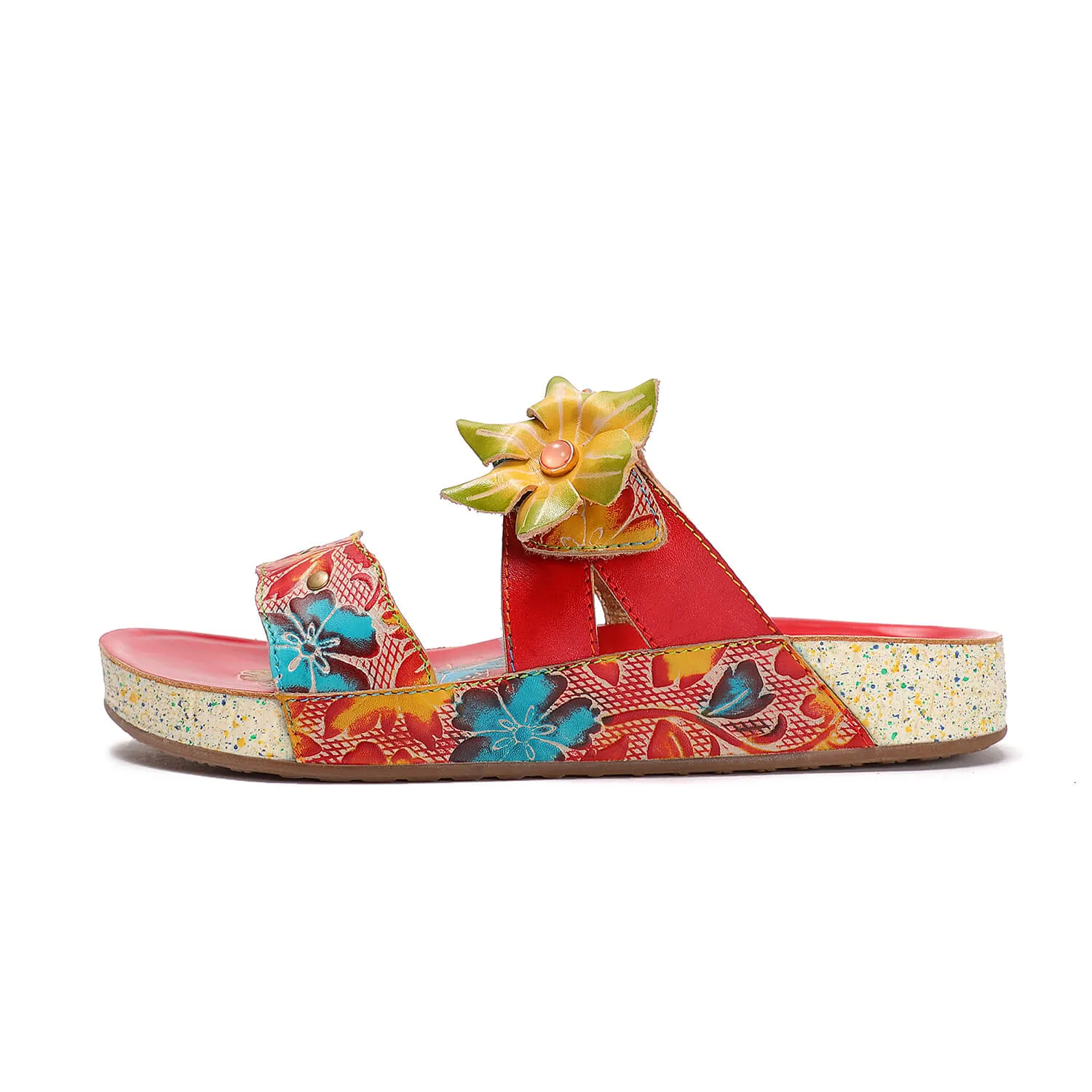 Applique Red Floral Leather Sandals