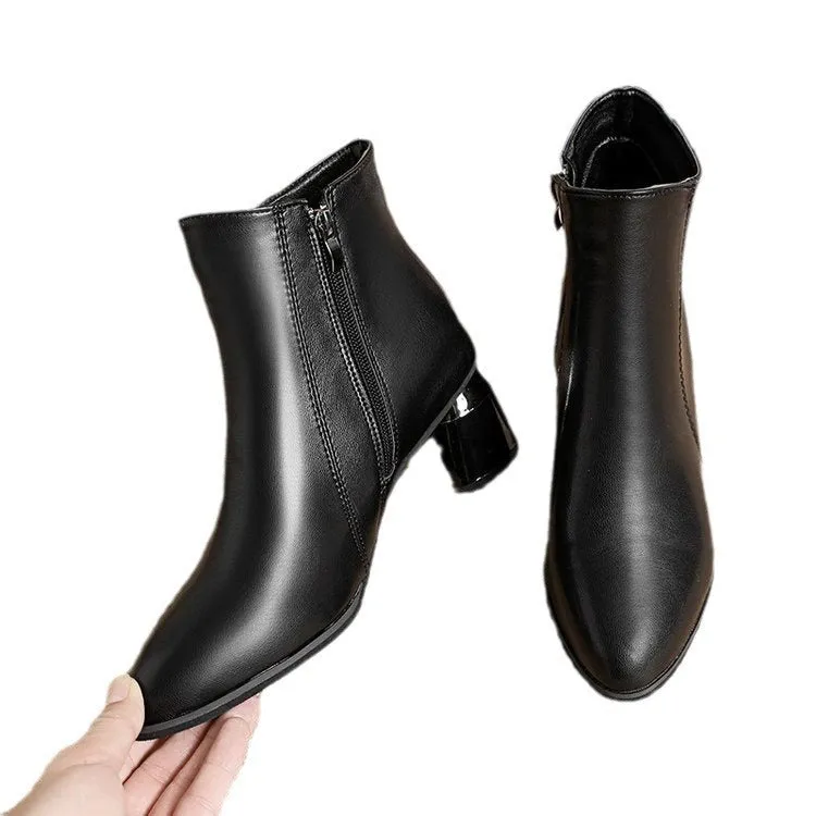 Autumn And Winter Short Boots Female Chunky Heel Soft Leather