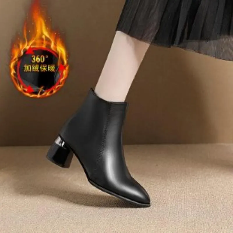 Autumn And Winter Short Boots Female Chunky Heel Soft Leather