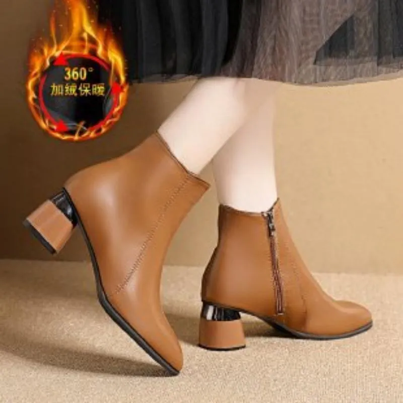 Autumn And Winter Short Boots Female Chunky Heel Soft Leather