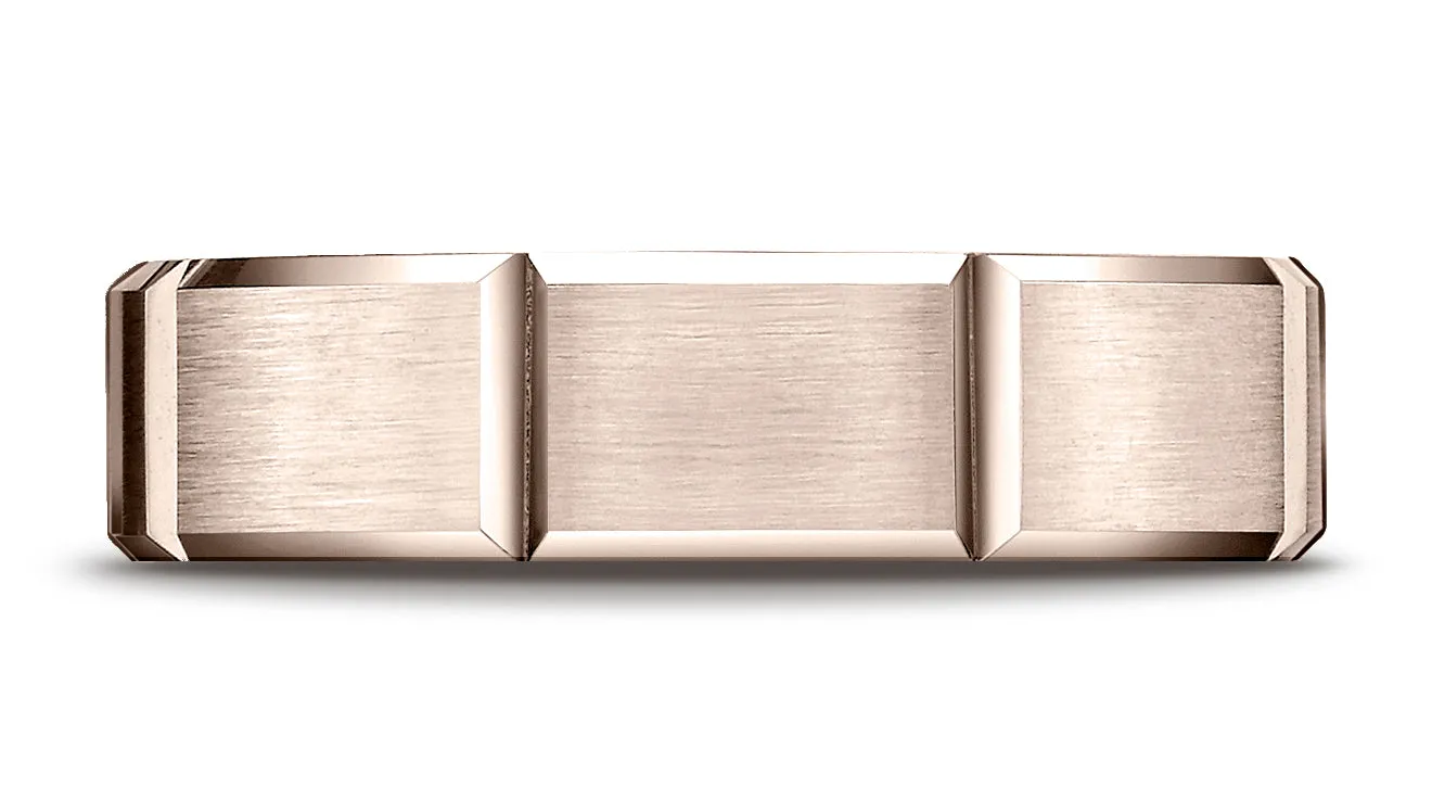 Benchmark 14K Rose Gold 6mm Comfort-Fit Satin-Finished Grooves Carved Design Wedding Band Ring