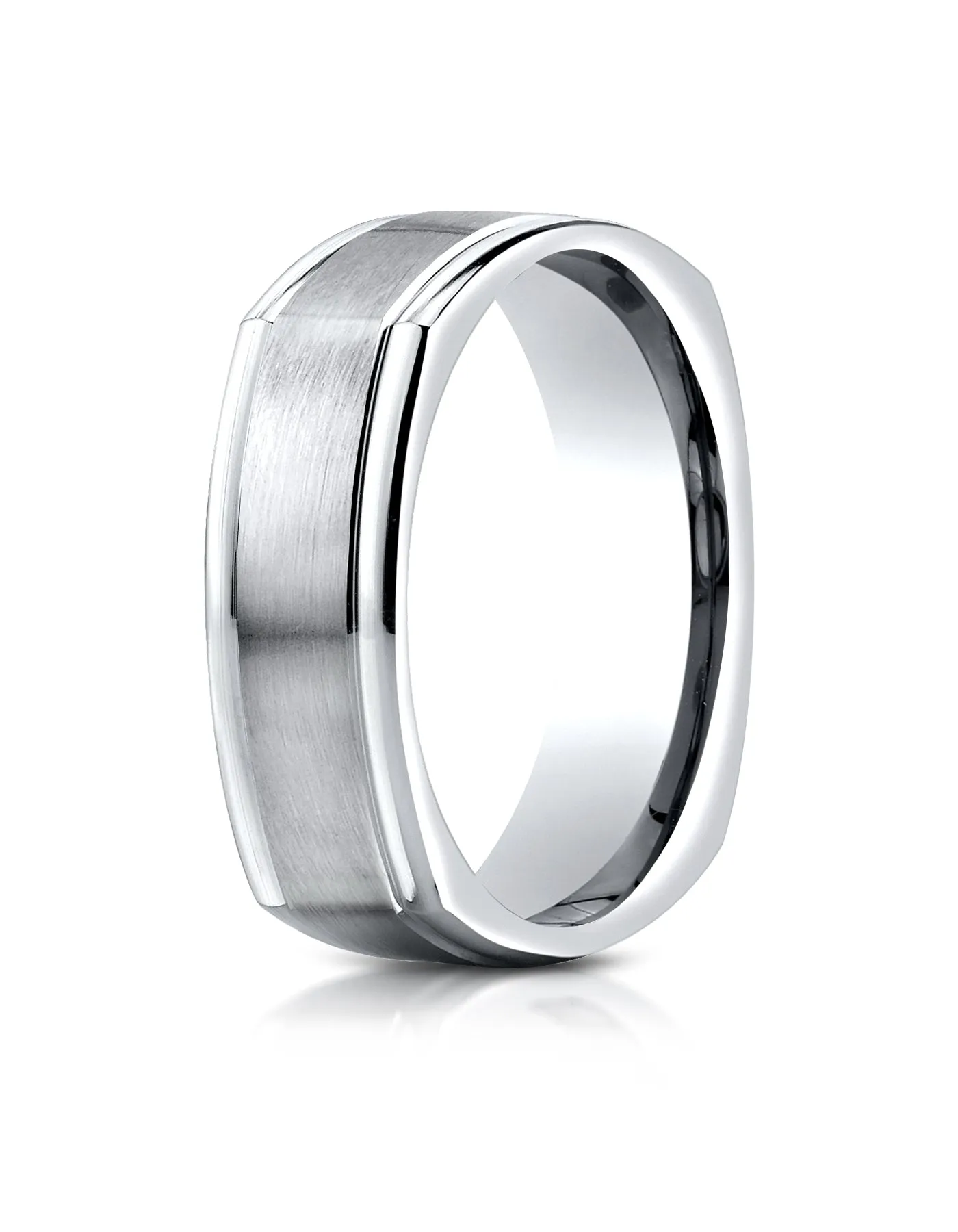 Benchmark 14K White Gold 7mm Comfort-Fit Satin-Finished Four-Sided Carved Design Wedding Band Ring