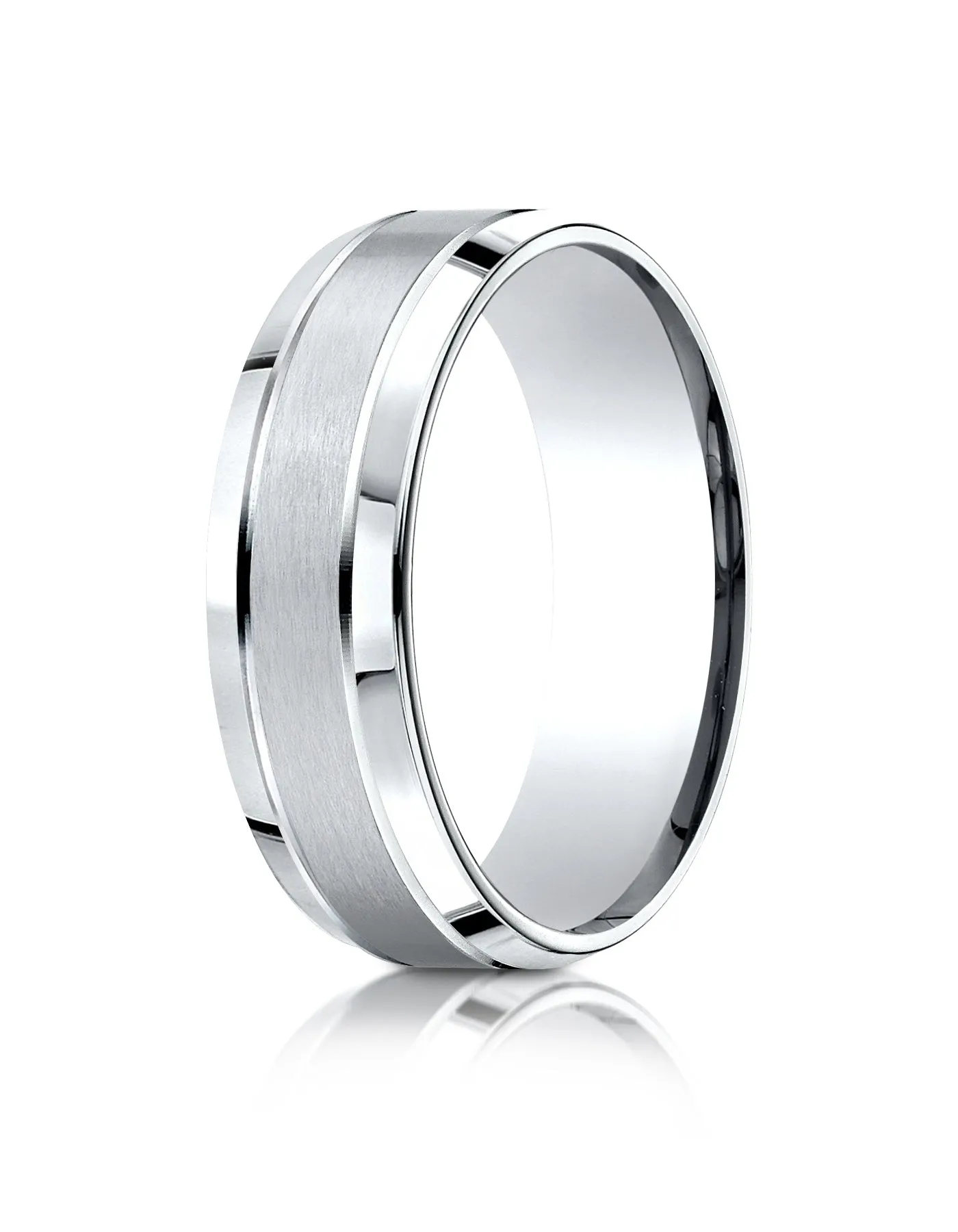 Benchmark 14k White Gold 7mm Comfort-Fit Satin-Finished High Polish Beveled Edge Carved Design Band (4-15)