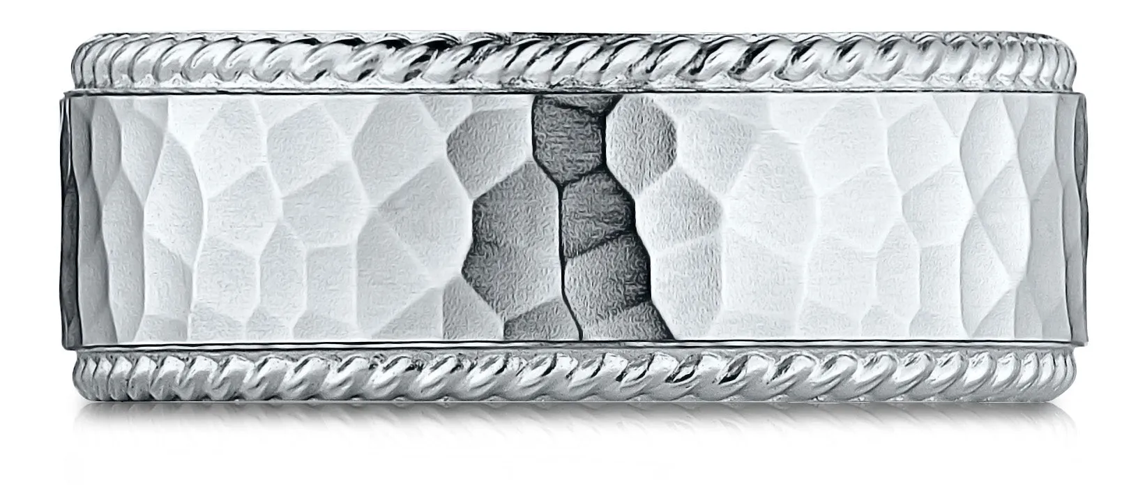 Benchmark 14k White Gold 8mm Comfort-Fit Rope Edge Hammered Finish Design Band, (Sizes 4-15)