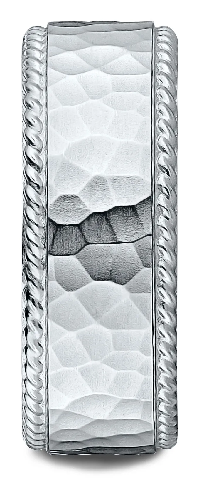 Benchmark 14k White Gold 8mm Comfort-Fit Rope Edge Hammered Finish Design Band, (Sizes 4-15)