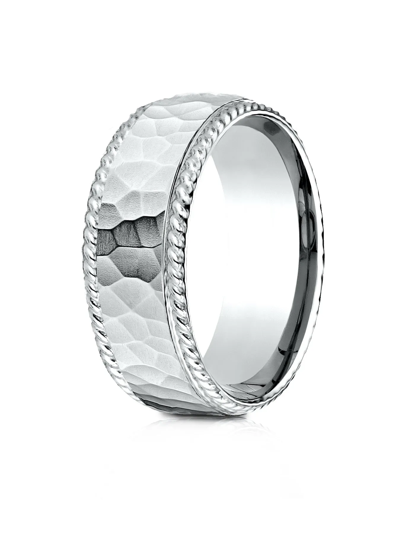 Benchmark 14k White Gold 8mm Comfort-Fit Rope Edge Hammered Finish Design Band, (Sizes 4-15)