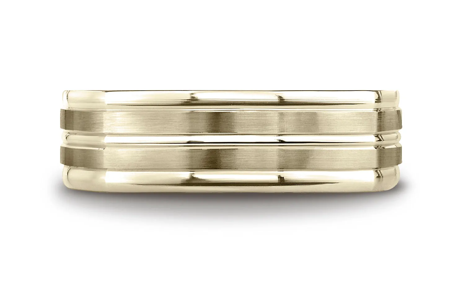 Benchmark 14K Yellow Gold 7mm Comfort-Fit Satin-Finished Center Cut Four-Sided Carved Design Wedding Band