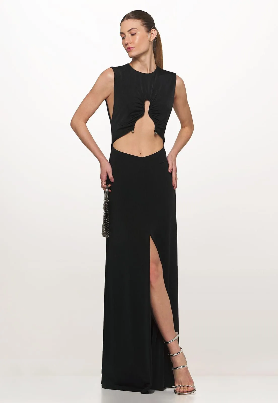 Black Long Dress With Metal Neckline Detail