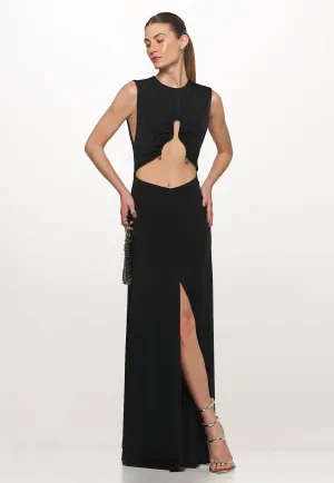 Black Long Dress With Metal Neckline Detail
