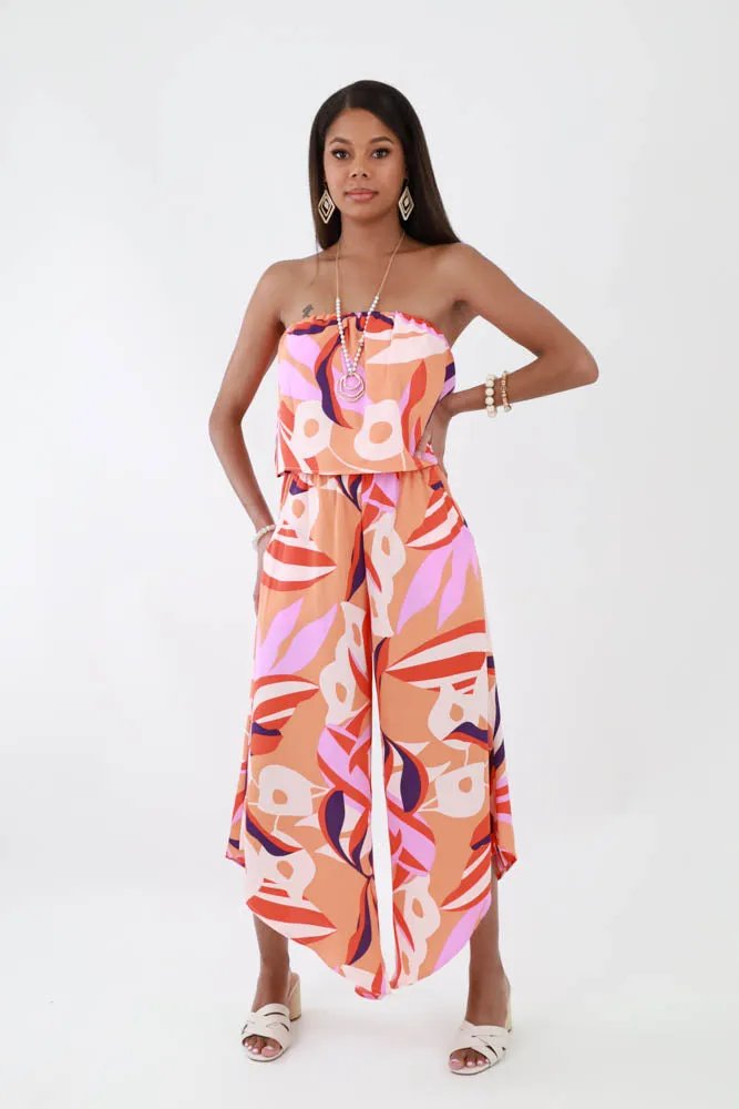 Blooming Lily Strapless Jumpsuit -Orange