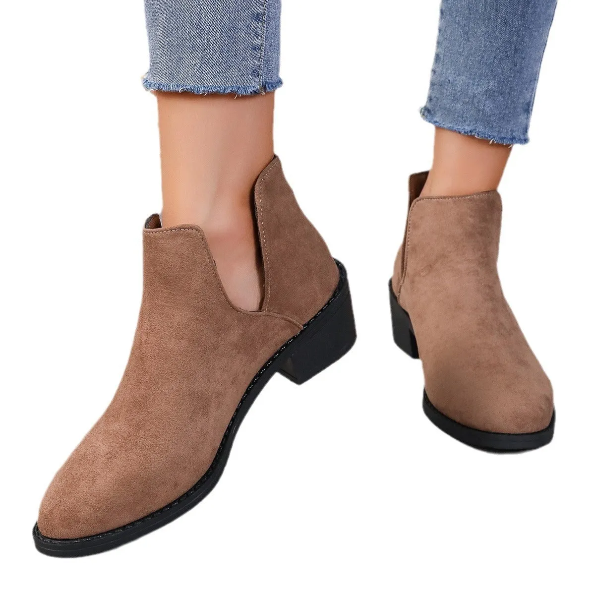 British Style Solid Color Thick Heel Pointed Casual Versatile Short Boots