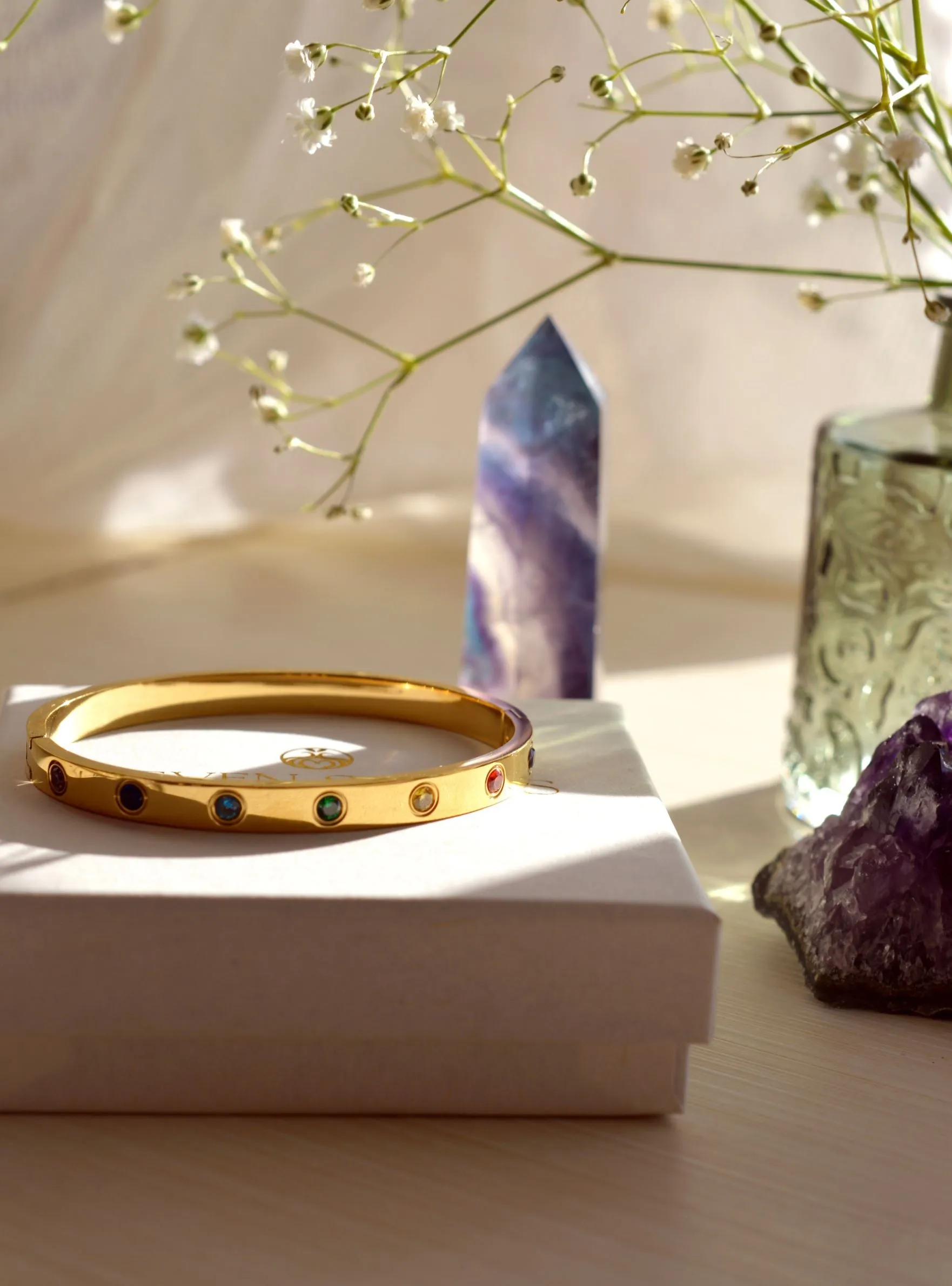Chakra Healing Stone Bangle, 18k Gold finished Stainless Steel
