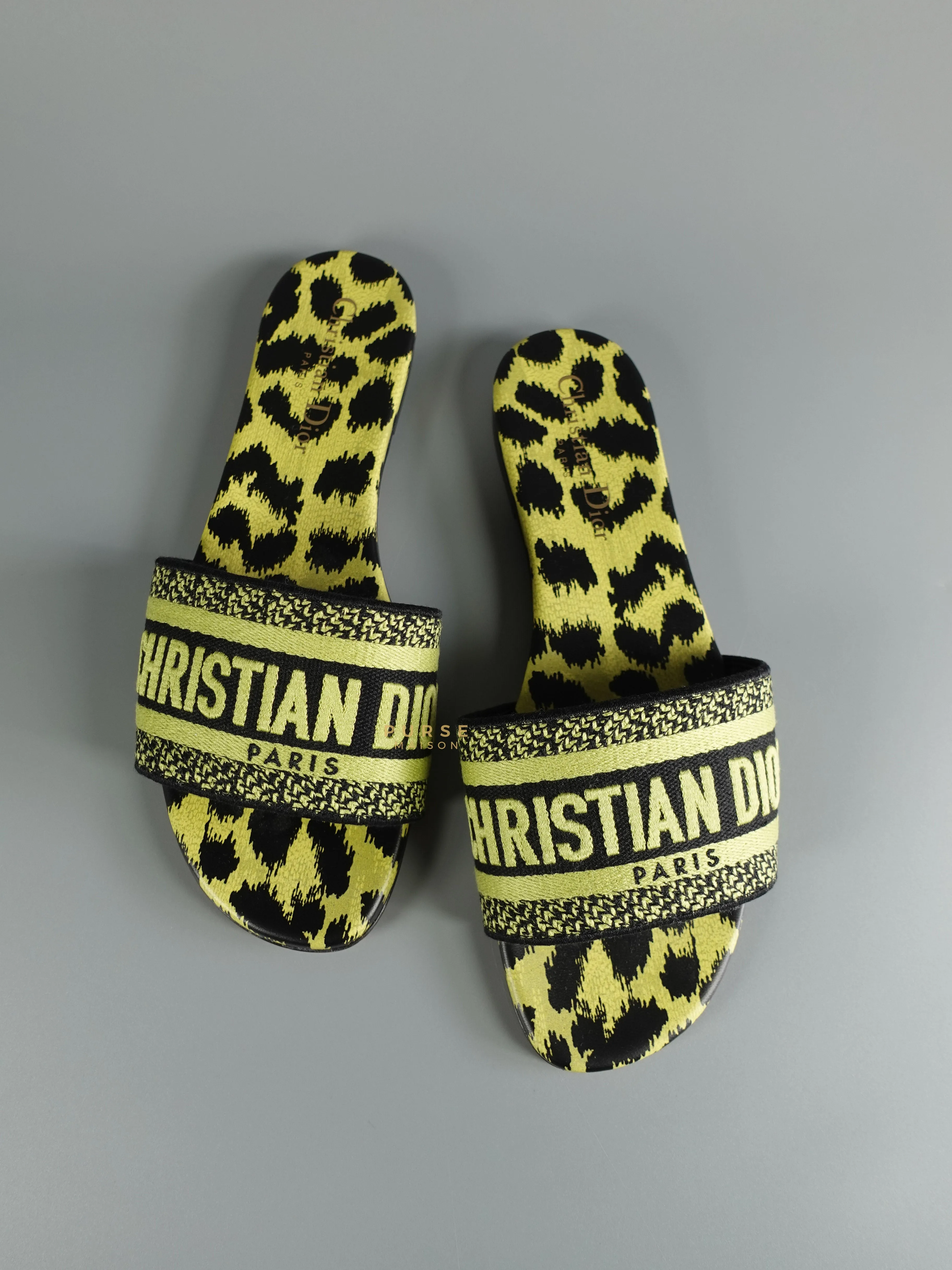 Christian Dior DWAY Slides Leopard Light Green Size 37