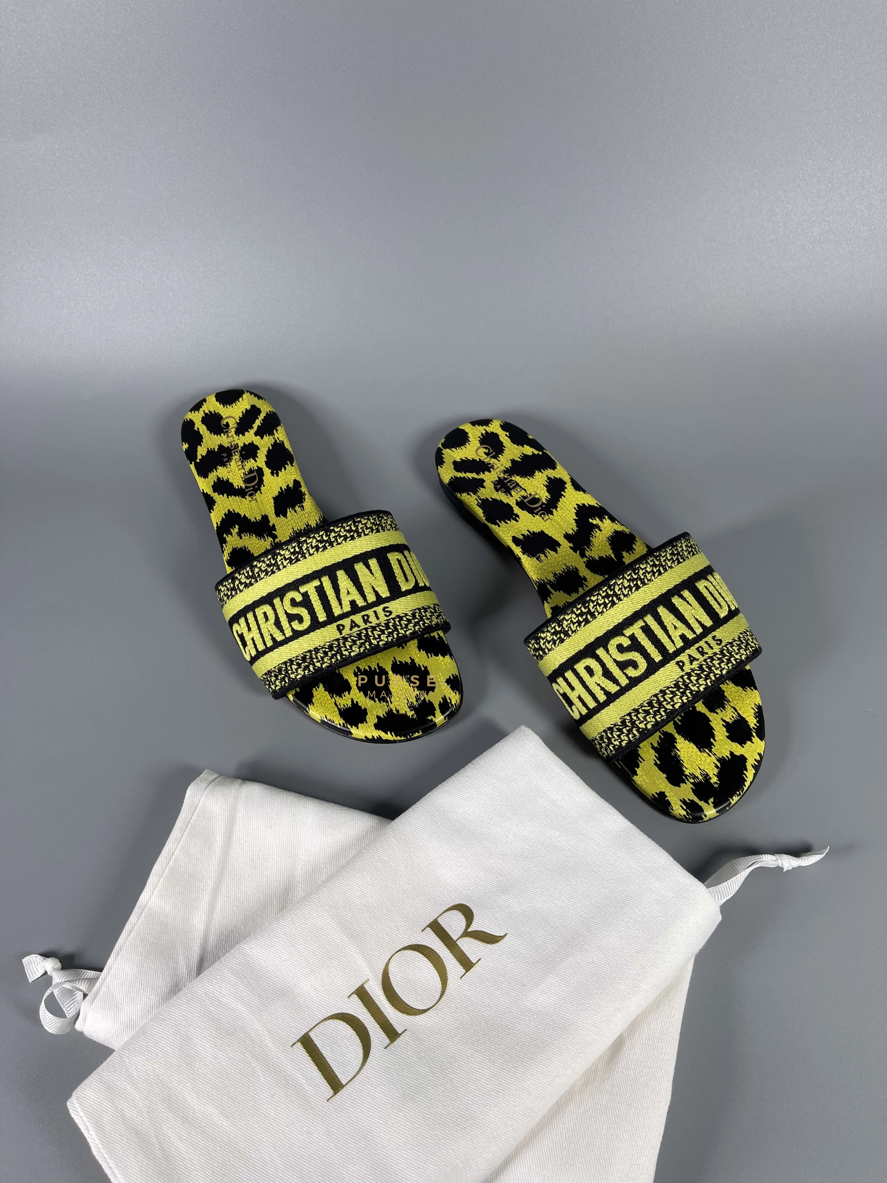 Christian Dior DWAY Slides Leopard Light Green Size 37