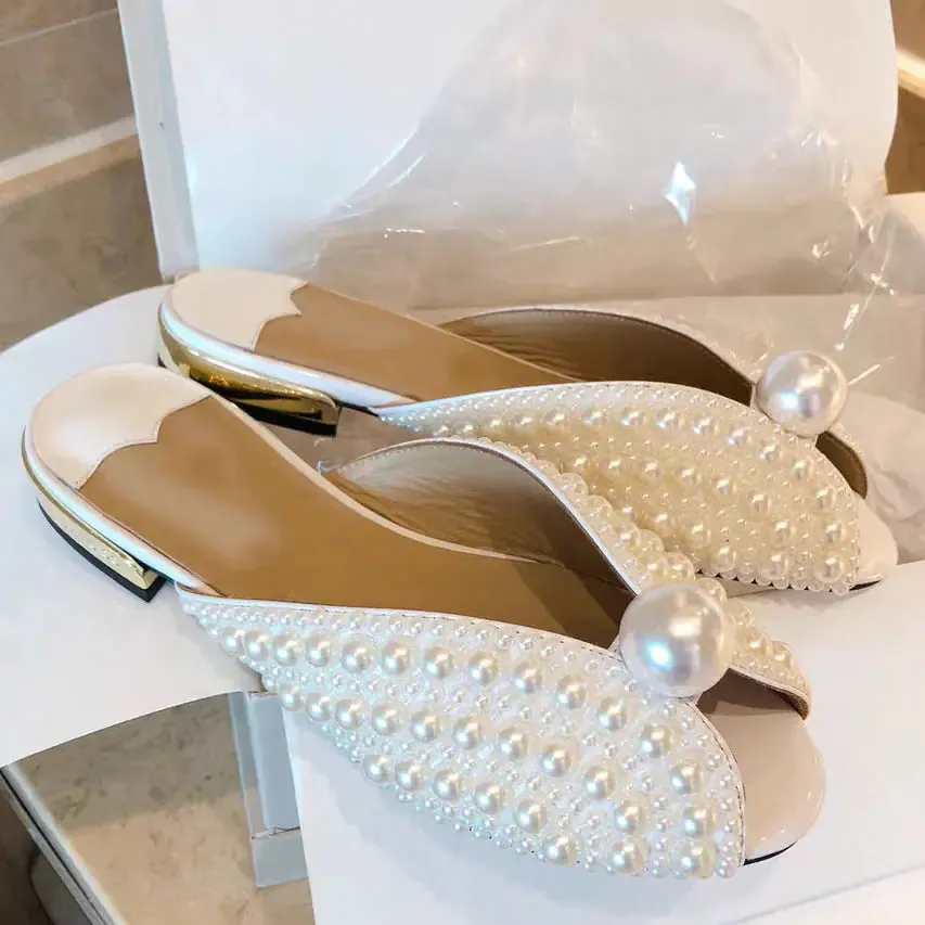 Custom Handmade High-End Pearl Fish Mouth Sandals