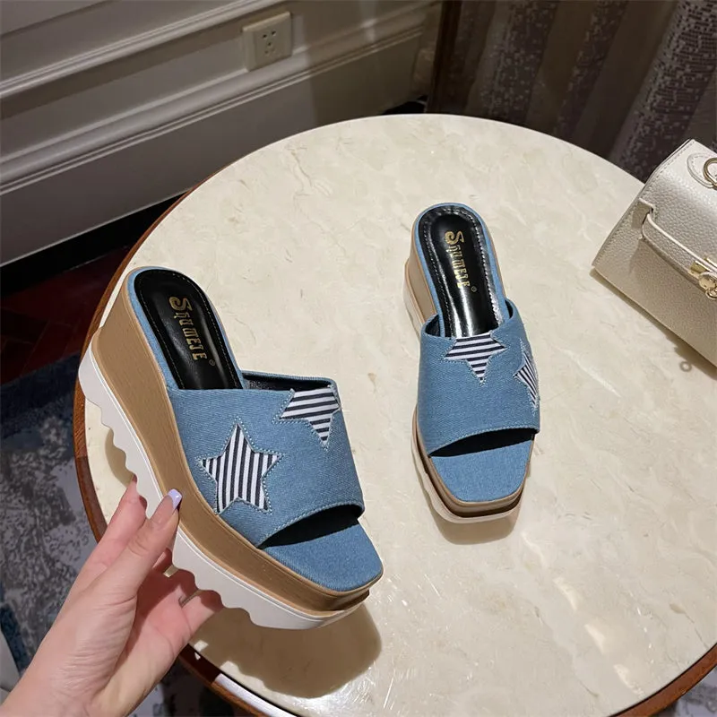 Dallas Star Denim Platform Slides