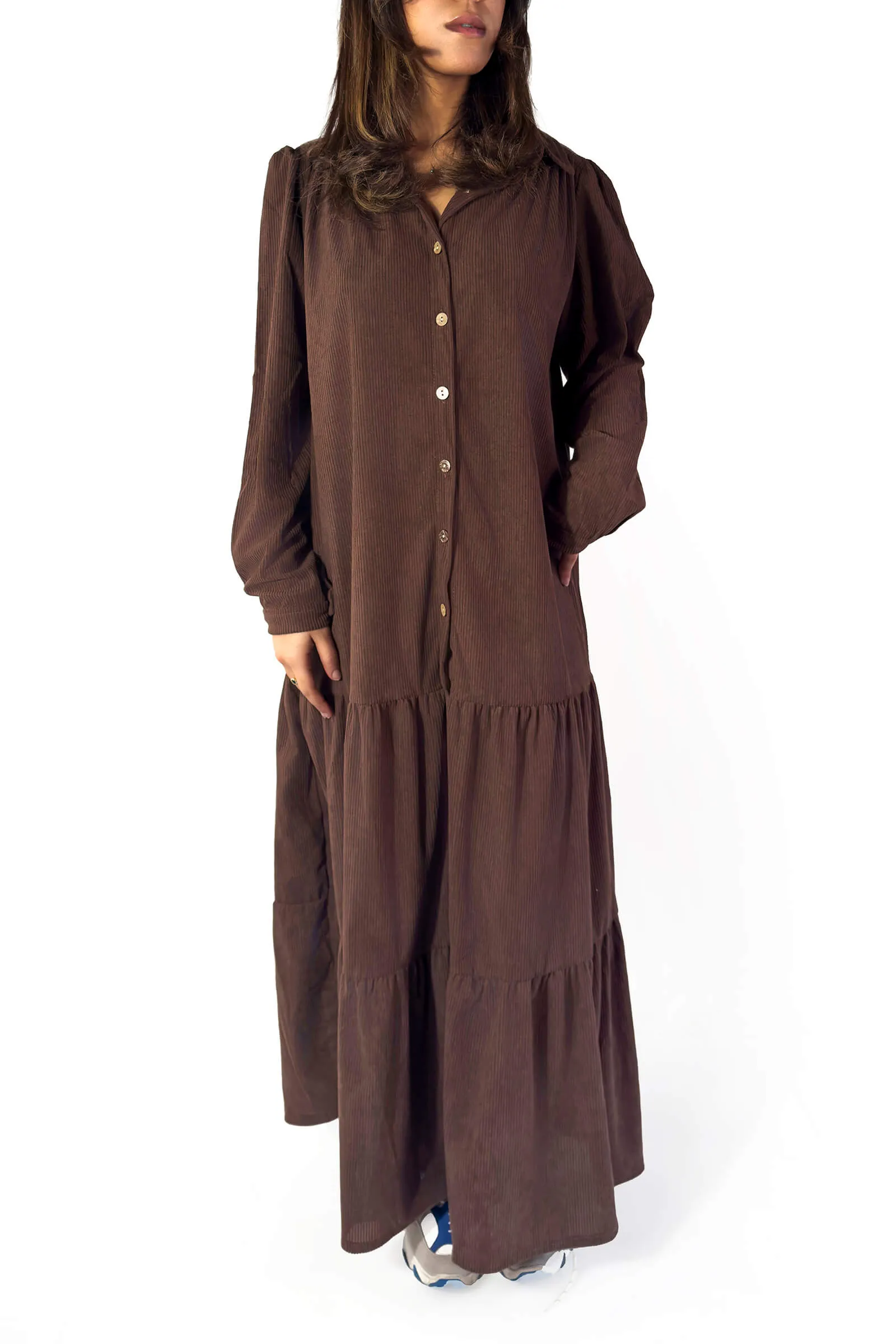 Elegant Chocolate Brown Layered Winter Dress