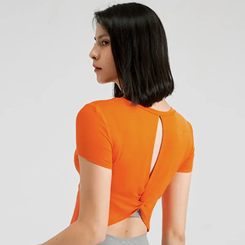 Elena Short Sleeve Twist Back Cutout Crop Top