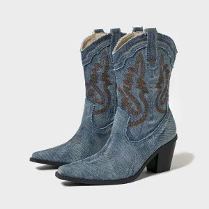 Embroidered Denim Cowboy Boots