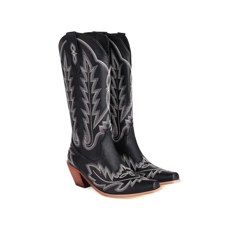 Embroidered Long Knee-high Boots Pointed Toe Chunky Heel High Heel
