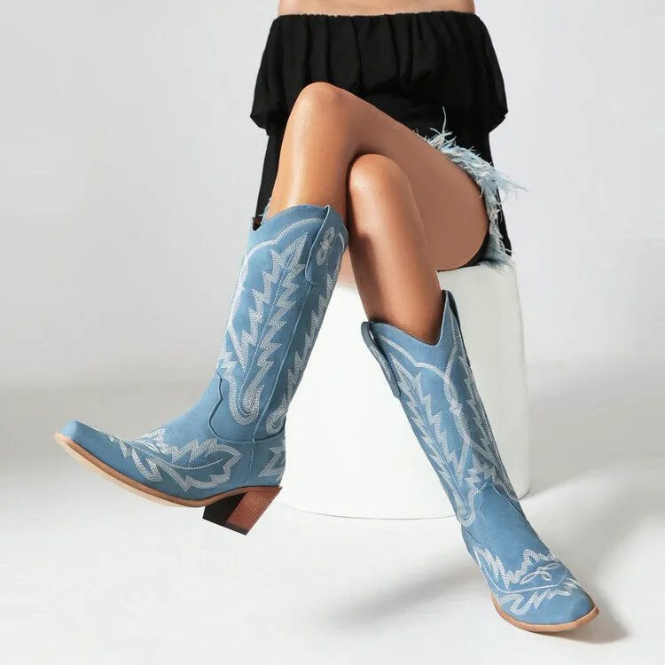 Embroidered Long Knee-high Boots Pointed Toe Chunky Heel High Heel