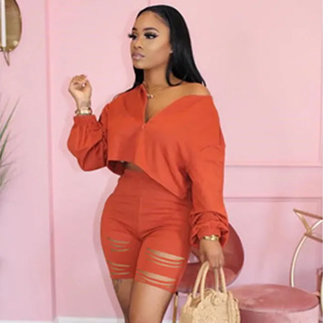 Flaire Distressed Long Sleeve Top & Cutout Shorts Set