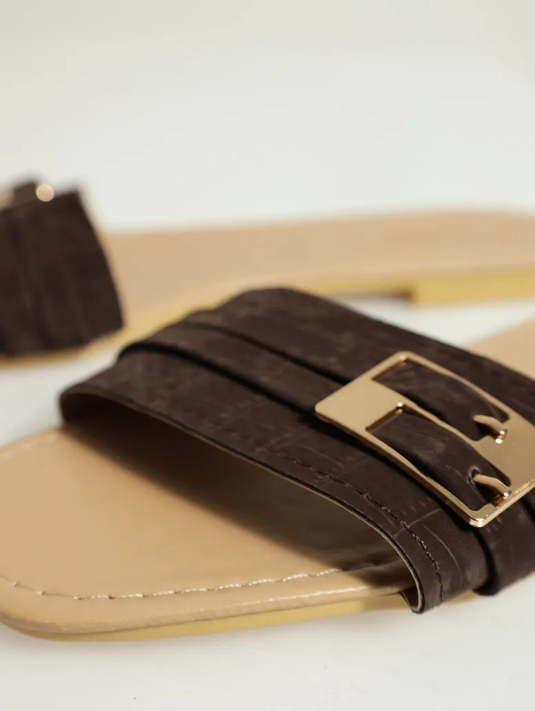 Flat One Strap Snake Mule With Double Buckle - Chocolate