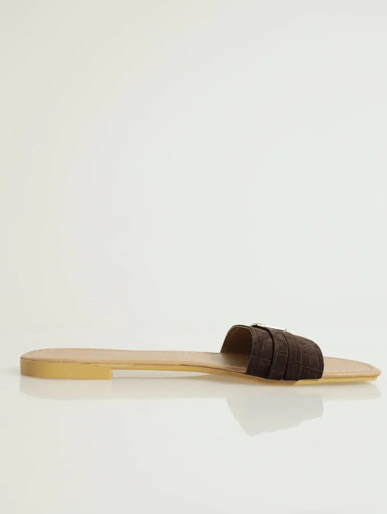 Flat One Strap Snake Mule With Double Buckle - Chocolate