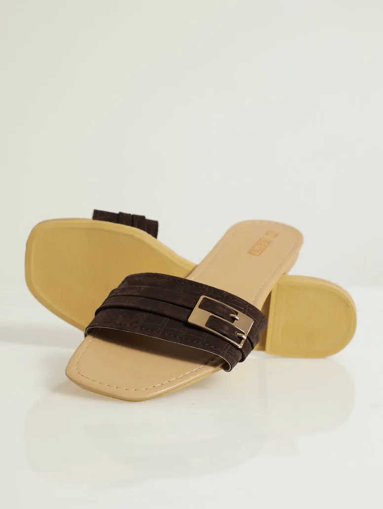 Flat One Strap Snake Mule With Double Buckle - Chocolate