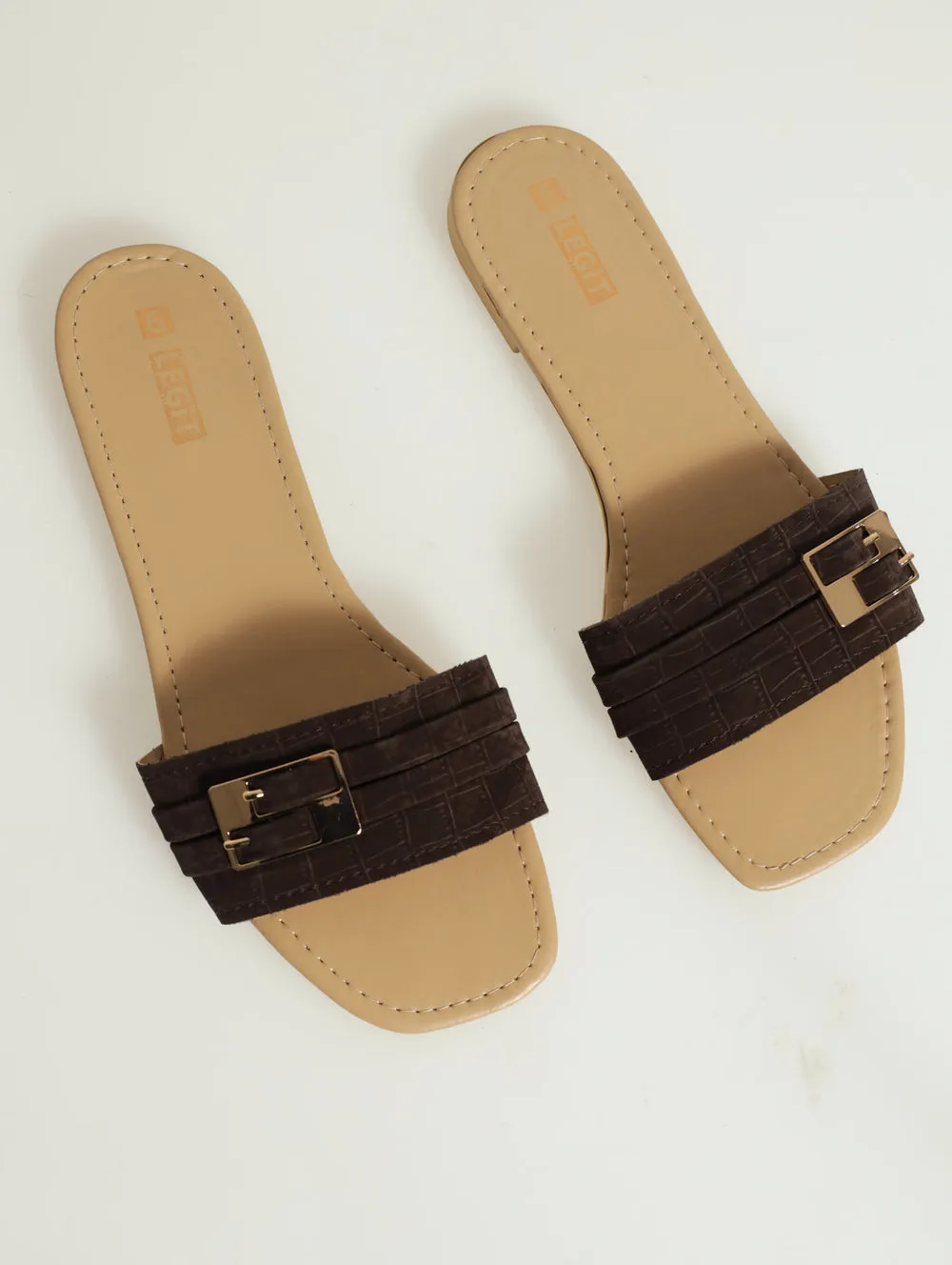 Flat One Strap Snake Mule With Double Buckle - Chocolate