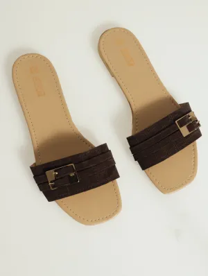 Flat One Strap Snake Mule With Double Buckle - Chocolate