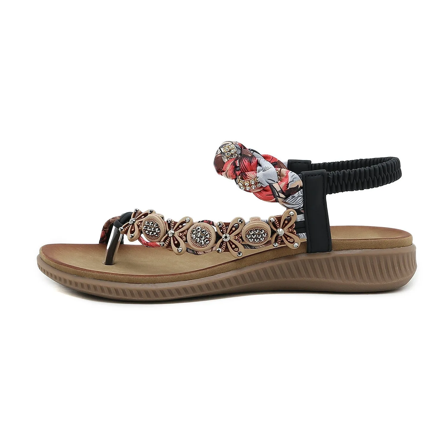 Floral Bead Braided Asymmetrical Sandal - Black
