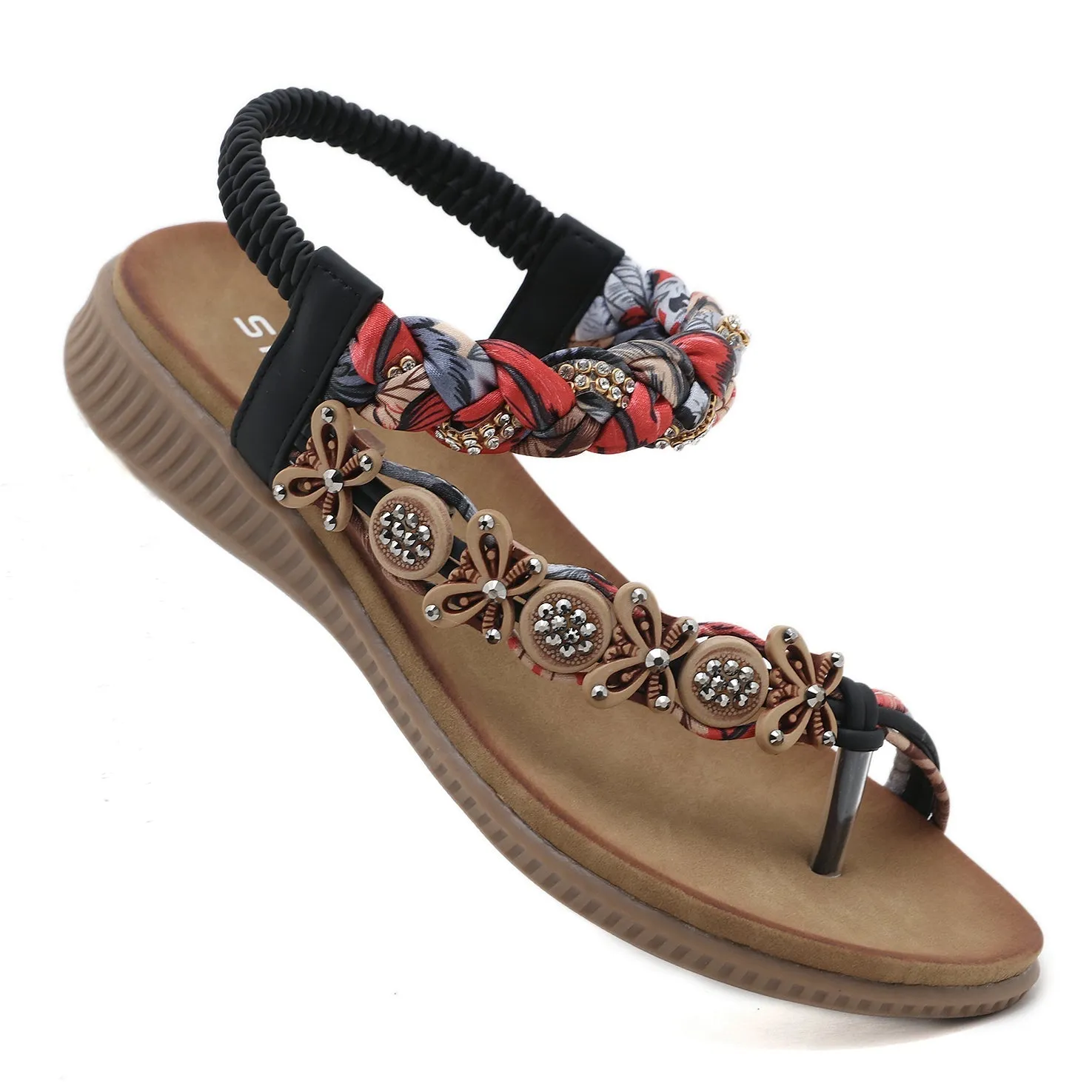 Floral Bead Braided Asymmetrical Sandal - Black