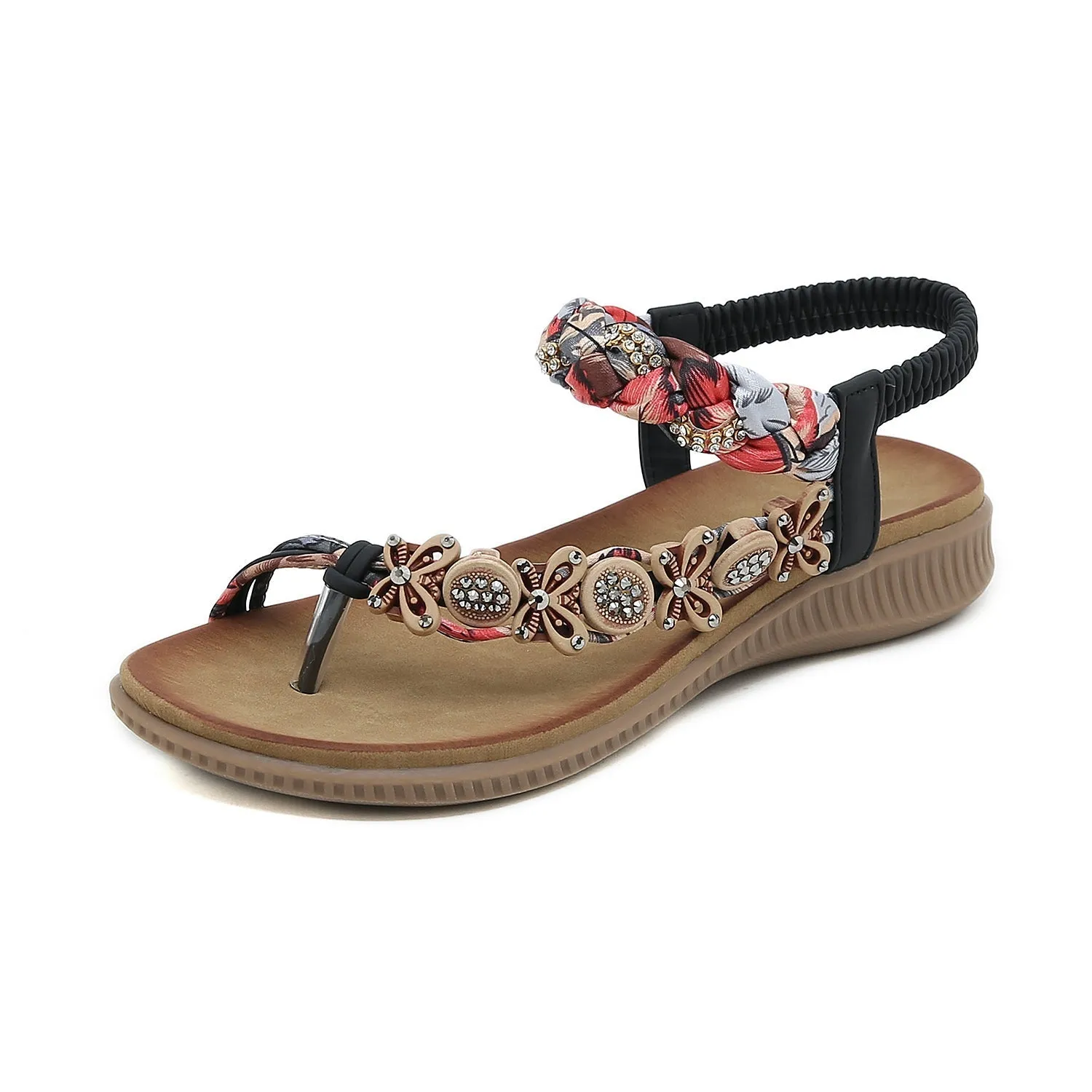 Floral Bead Braided Asymmetrical Sandal - Black