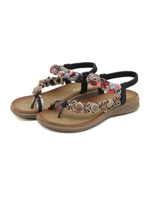 Floral Bead Braided Asymmetrical Sandal - Black