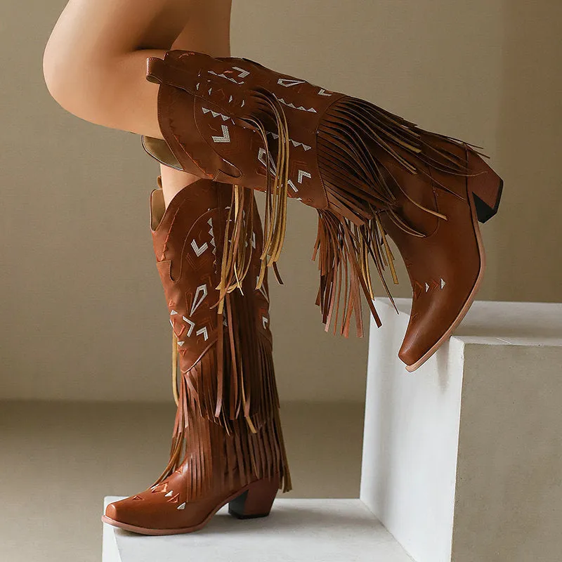 High Heel Tassel Decoration Below The Knee Western Cowboy Boot