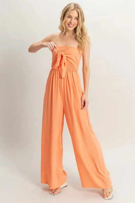 HYFVE Strapless Tie Front Smocked Jumpsuit