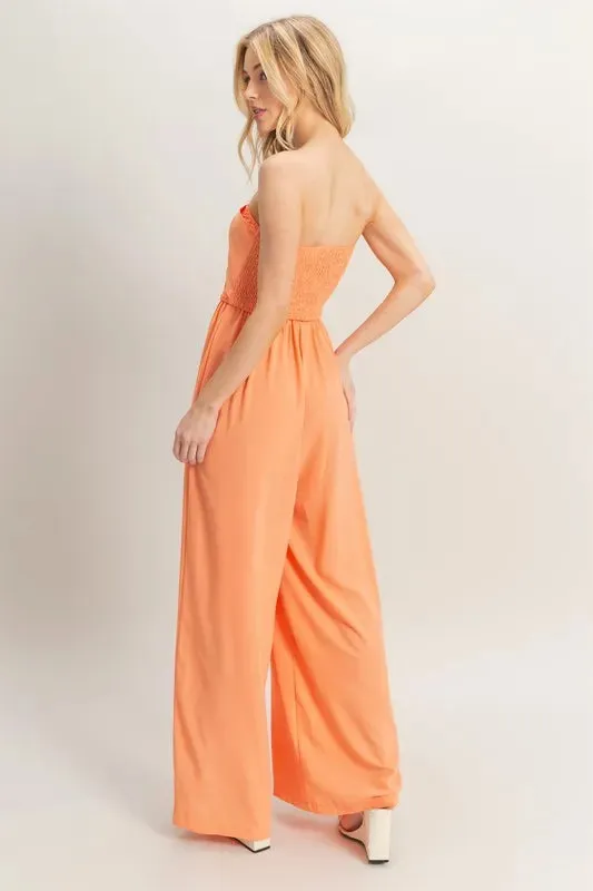 HYFVE Strapless Tie Front Smocked Jumpsuit