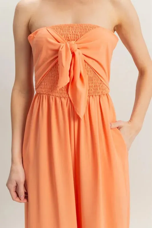 HYFVE Strapless Tie Front Smocked Jumpsuit