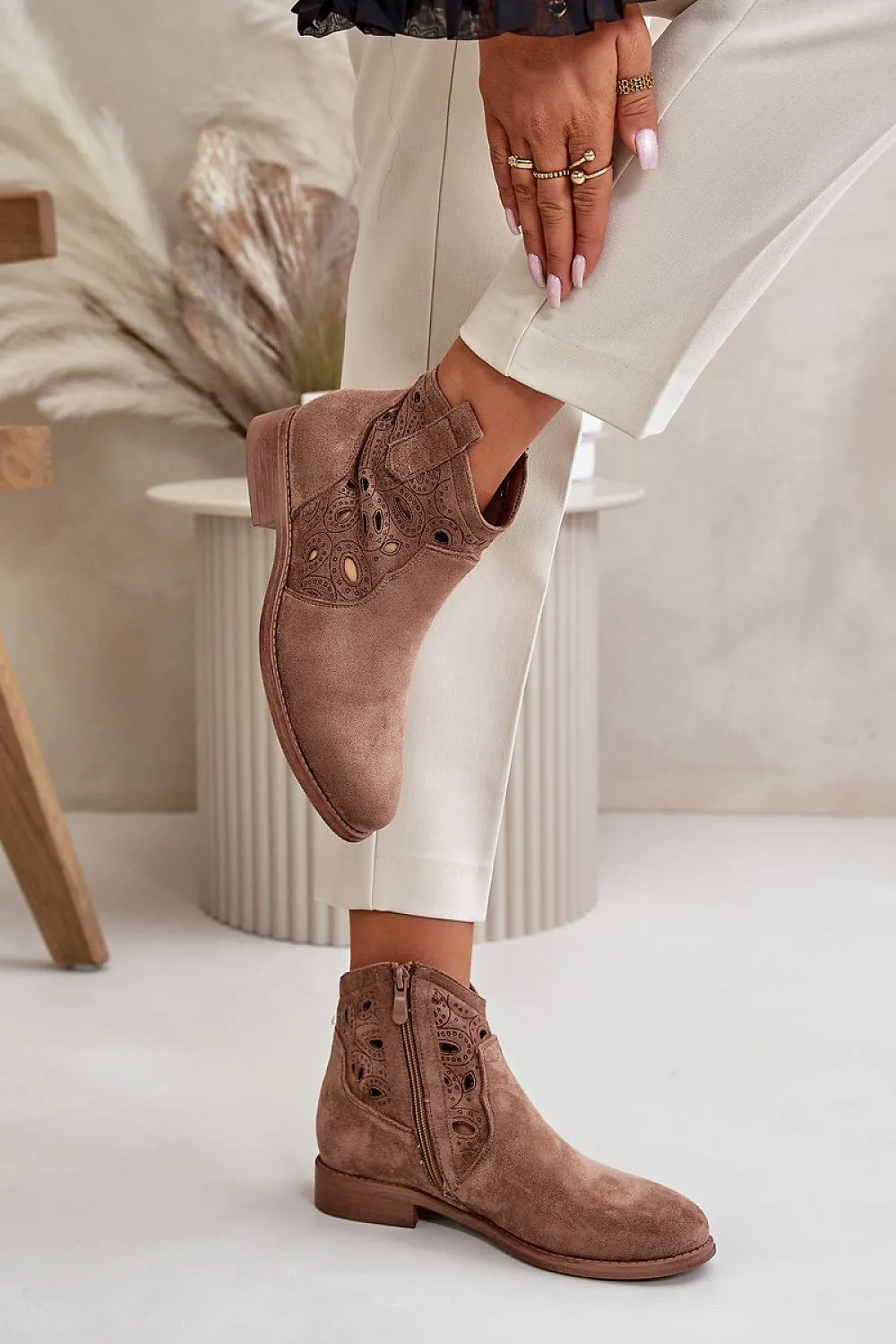 Lattice upper flat heel ankle boots