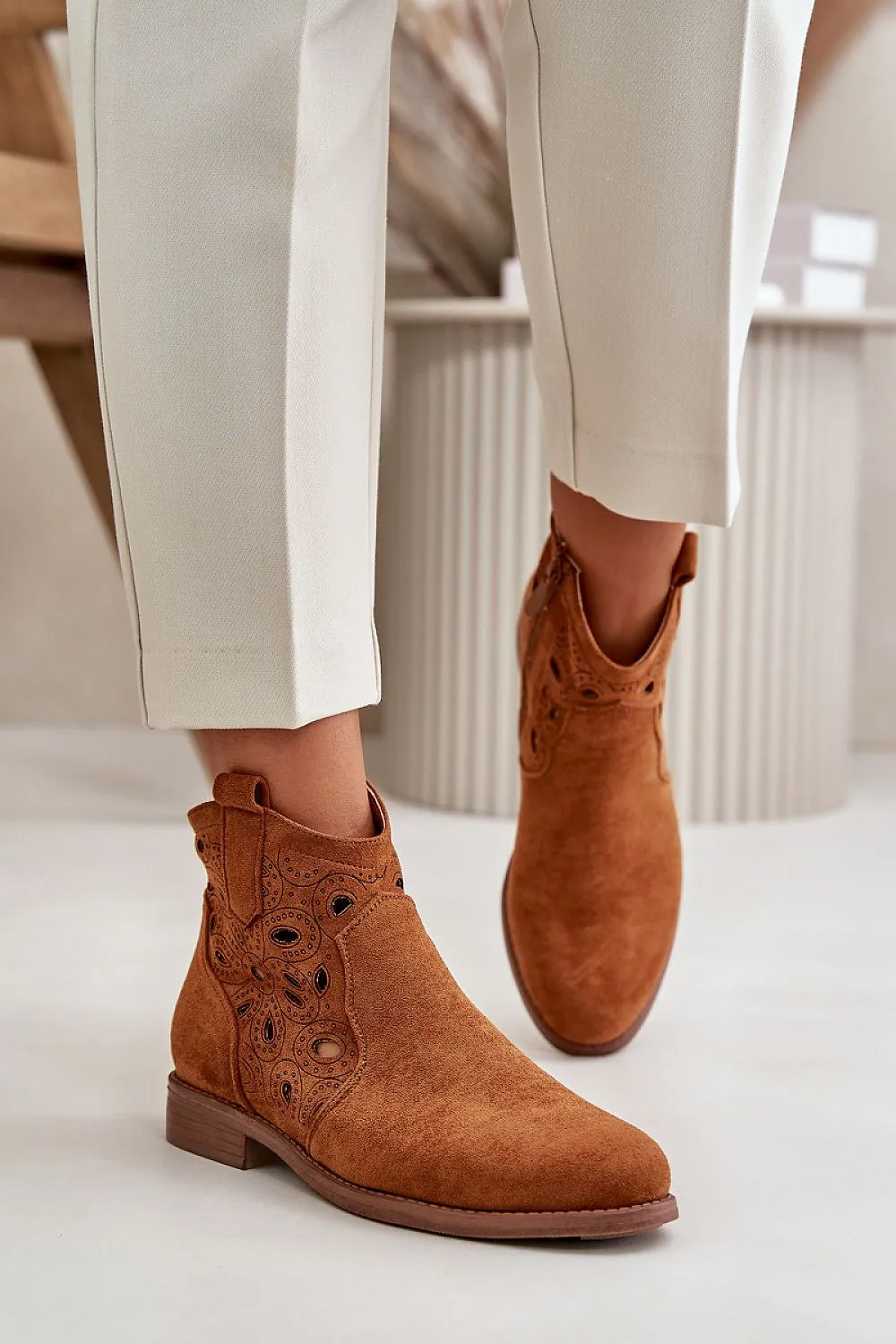 Lattice upper flat heel ankle boots