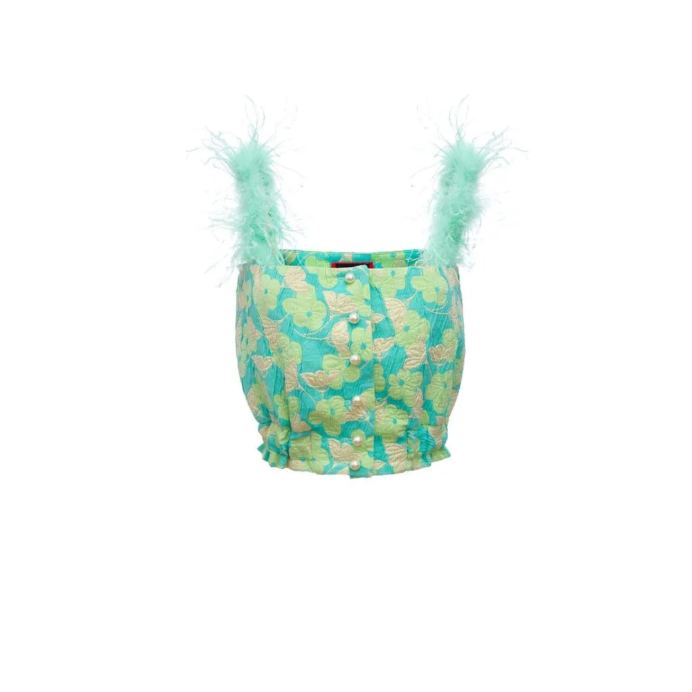 Mint Feather Trimmed Jacquard Top