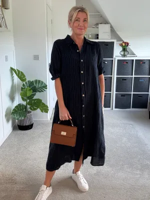 Navy Pinstripe Linen Shirt Dress