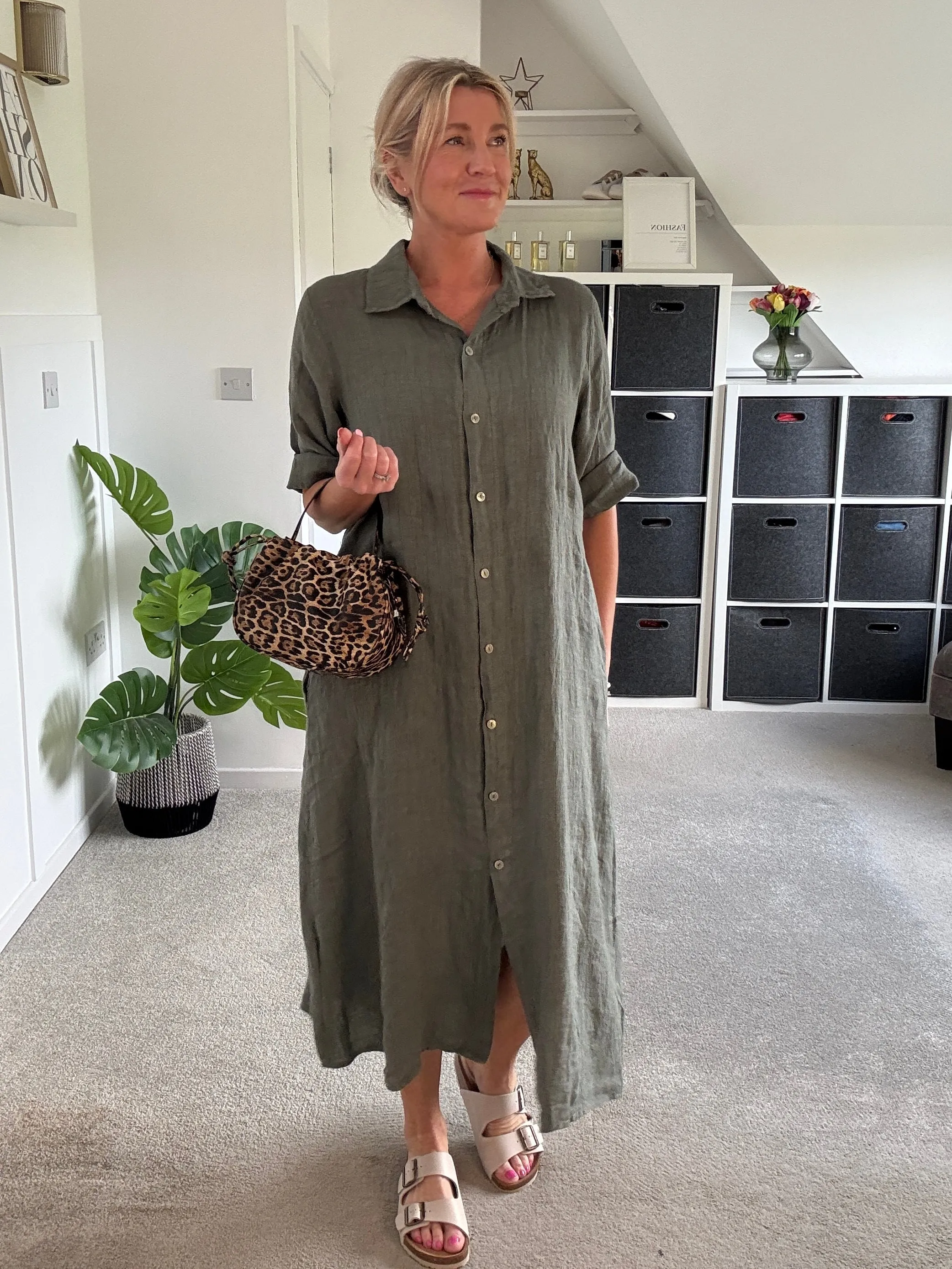 Navy Pinstripe Linen Shirt Dress